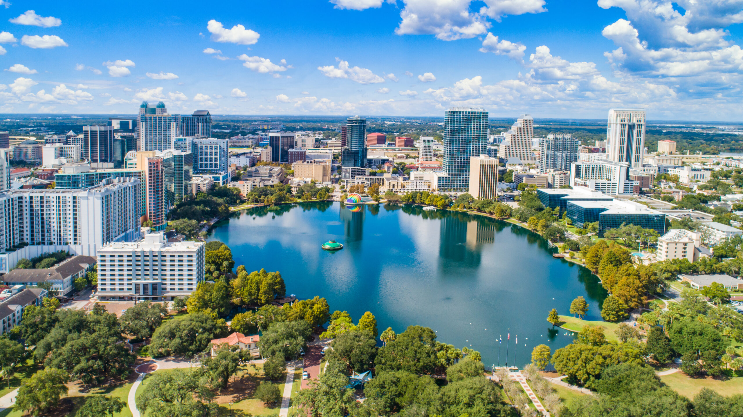 Aerial view of Lake Eola with downtown Orlando skyline