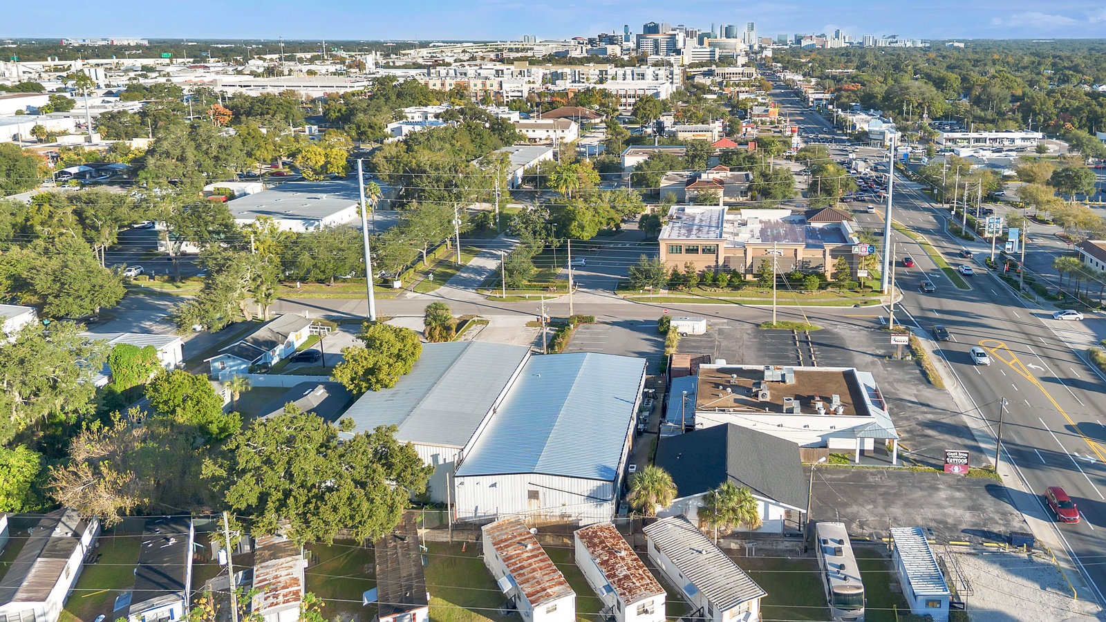 Aerial view of South Orange Avenue in Orlando’s SoDo area, with downtown in the distance